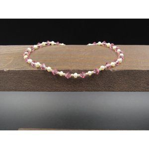 8" Sterling Silver Tiny Real Pearl And Pink Crystal Bracelet Vintage